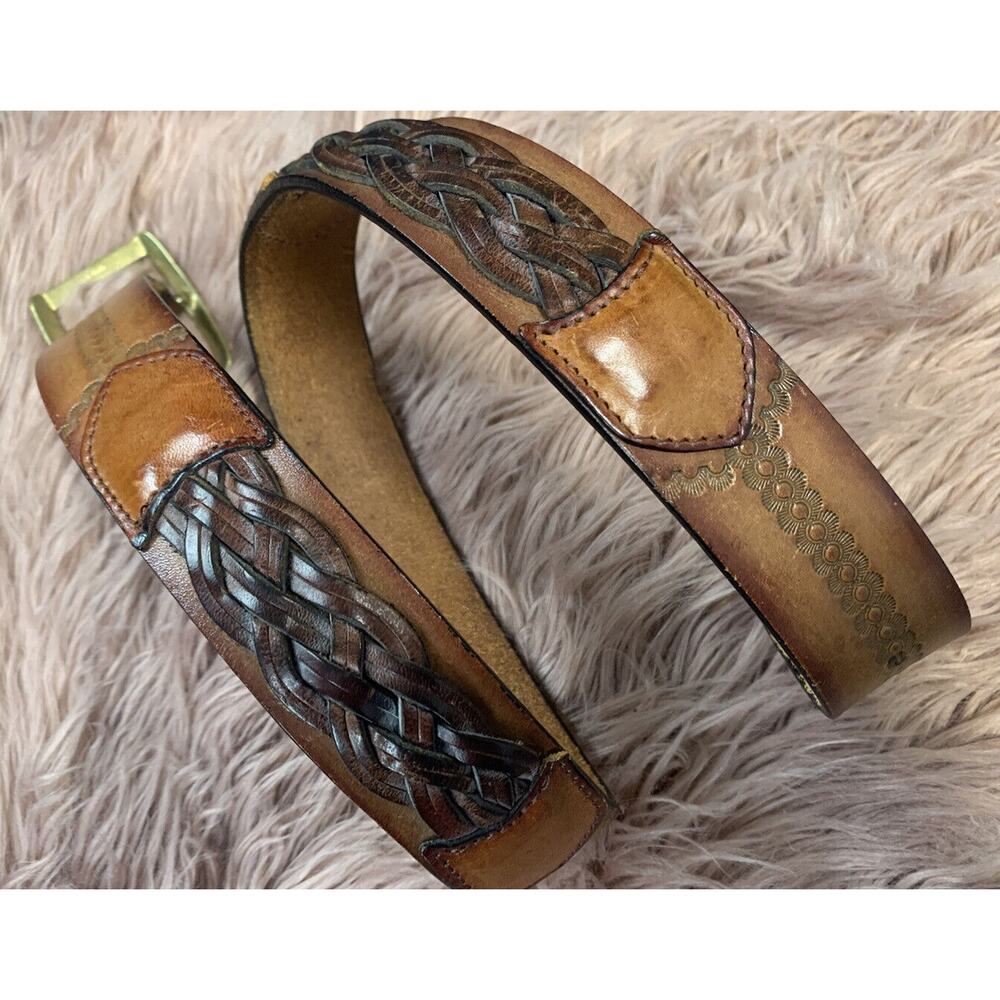 Vintage Stamped Braided Leather Brass Buckle Leegin Belt Size 32 Western Boho